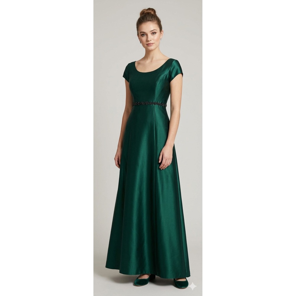 VTG Alfred Angelo Evening Gown Women 3/4 Emerald Green Beaded Waist RN 24766